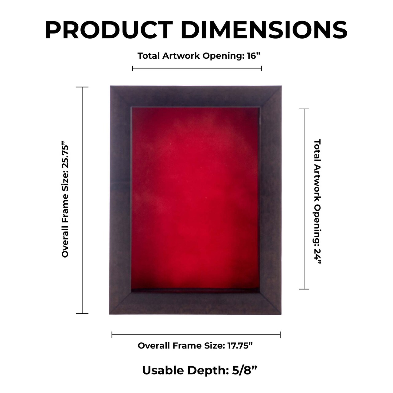 Rich Dark Brown Wood Shadow Box Frame with Acrylic Front - Red Suede Backing, 30 Sizes